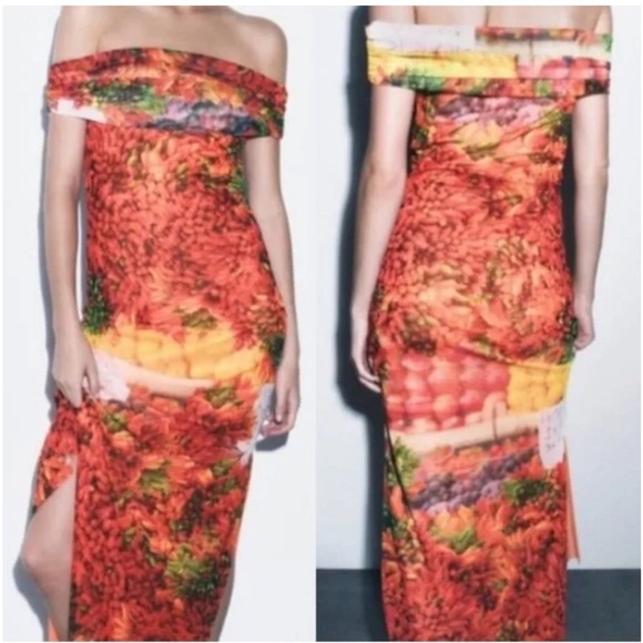 New Zara Picante All Over Print Over The Shoulder Tulle Maxi Dress - Picture 12 of 15